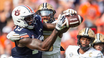 Vanderbilt Commodores defensive back Martel Hight (25) breaks up a pass intend for Auburn Tigers tight end Rivaldo Fairweather (13) as Auburn Tigers take on Vanderbilt Commodores at Jordan-Hare Stadium in Auburn, Ala., on Saturday, Nov. 2, 2024. Vanderbilt Commodores defeated Auburn Tigers 17-7.