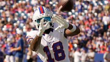 Buffalo Bills wide receiver Elijah Moore catches a pass during the Return of the Blue & Red practice at Highmark Stadium in Orchard Park on Aug.1, 2025.