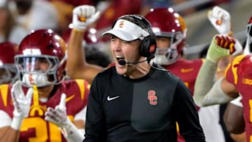 Oct 11, 2025; Los Angeles, California, USA;  USC Trojans head coach Lincoln Riley celebrates after kicker Ryon Sayeri (48) hit a 54-yard field goal in the second half against the Michigan Wolverines at United Airlines Field at the Los Angeles Memorial Coliseum. 