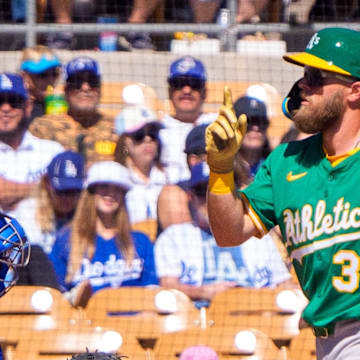 Mar 9, 2025; Peoria, Arizona, USA; Oakland Athletics outfielder Drew Avans (35) with a home run in the first inning during a spring training game between the Los Angeles Dodgers at Camelback Ranch-Glendale. Mandatory Credit: Allan Henry-Imagn Images