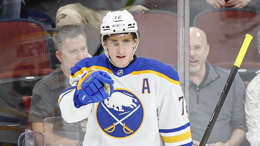 Apr 13, 2026; Chicago, Illinois, USA; Buffalo Sabres center Tage Thompson (72) celebrates after scoring against the Chicago Blackhawks during the third period at United Center. Mandatory Credit: Kamil Krzaczynski-Imagn Images