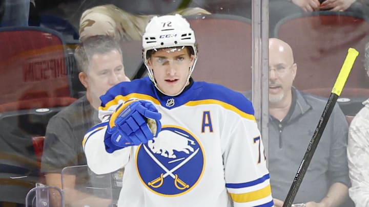 Apr 13, 2026; Chicago, Illinois, USA; Buffalo Sabres center Tage Thompson (72) celebrates after scoring against the Chicago Blackhawks during the third period at United Center. Mandatory Credit: Kamil Krzaczynski-Imagn Images