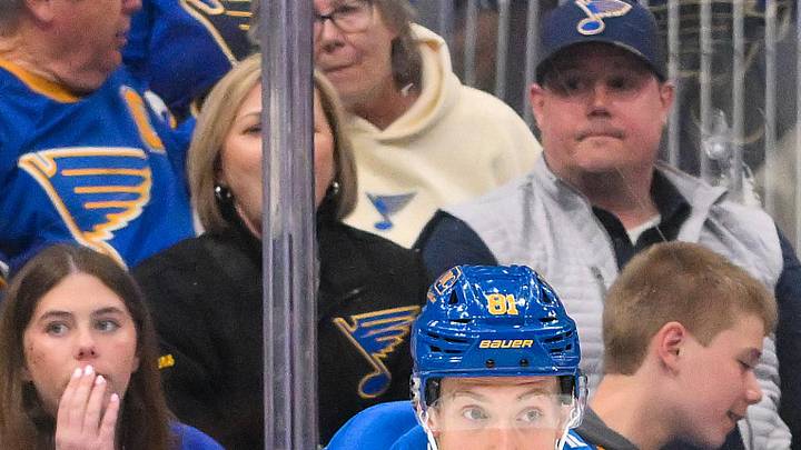 Mar 28, 2026; St. Louis, Missouri, USA; St. Louis Blues left wing Dylan Holloway (81) controls the puck against the Toronto Maple Leafs during the second period at Enterprise Center. Mandatory Credit: Jeff Curry-Imagn Images