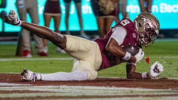 Florida State Seminoles wide receiver Micahi Danzy (19) scores a touchdown. The Miami Hurricanes defeated the Florida State Seminoles 22-28 at Doak Campbell Stadium on Saturday, Oct. 4, 2025.
