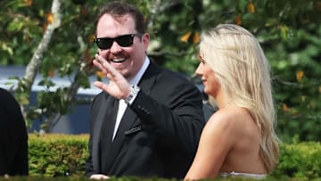 Comedian Shane Gillis waves to the spectators at the Olivia Culpo and Christian McCaffrey wedding after the 2025 ESPYs