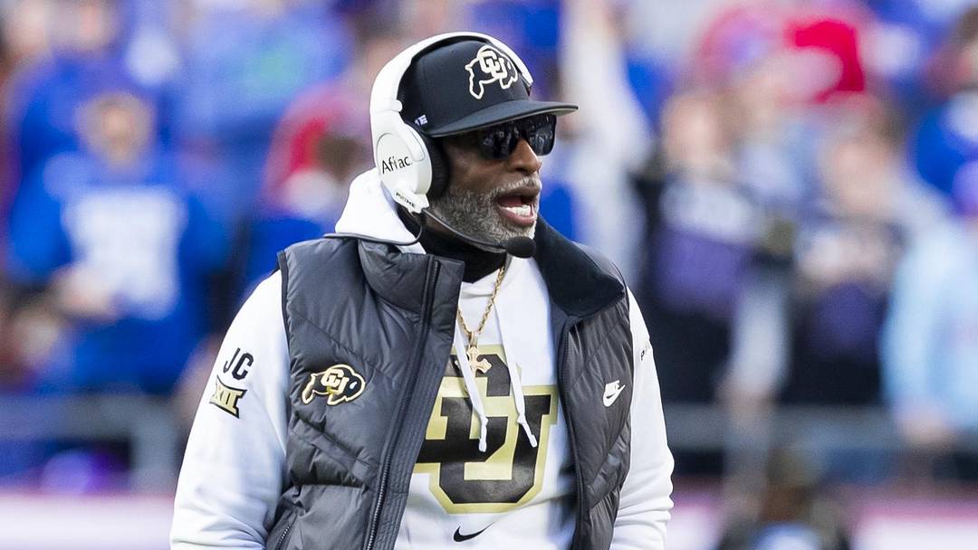 Nov 23, 2024; Kansas City, Missouri, USA;  Colorado head coach Deion Sanders paces the field during the 2nd quarter between the Kansas Jayhawks and the Colorado Buffaloes at GEHA Field at Arrowhead Stadium. 