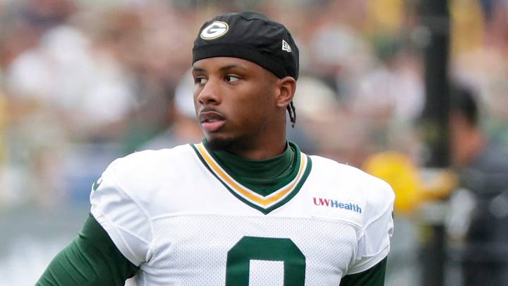 Green Bay Packers wide receiver Matthew Golden (0) looks on