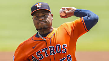 Sep 14, 2025; Cumberland, Georgia, USA; Houston Astros starting pitcher Framber Valdez (59) pitches against the Atlanta Braves during the first inning at Truist Park. 