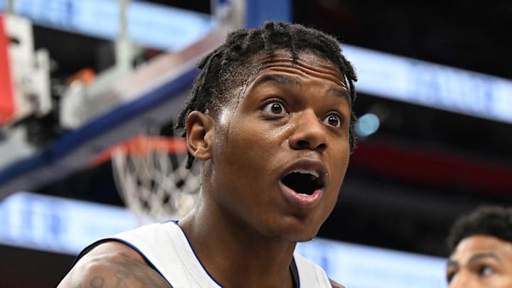 Detroit Pistons guard Marcus Sasser (25) argues with referee Tony Brothers (25) that he should have had a foul called on the Philadelphia 76ers when he was driving to the basket during the first half at Little Caesars Arena on Mar 12, 2026.