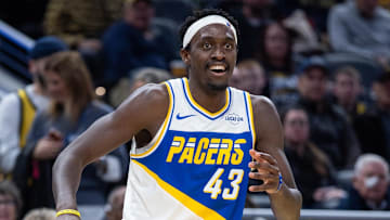 Indiana Pacers forward Pascal Siakam (43) reacts after making a basket against the Chicago Bulls during the second half at  Gainbridge Fieldhouse.