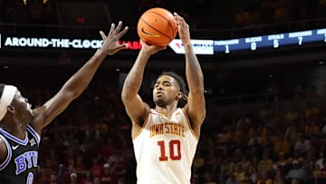 Mar 4, 2025; Ames, Iowa, USA;  Iowa State Cyclones guard Keshon Gilbert (10) shoots against the Brigham Young Cougars in the first half at James H. Hilton Coliseum.