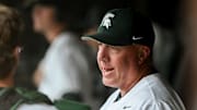Michigan State's head coach Jake Boss Jr., right, talks with Sam Thompson in the dugout during the first inning in the game against Purdue Fort Wayne on Wednesday, April 19, 2023, at the McLane Baseball Stadium in East Lansing Mall.

230419 Msu Purdue Fw Baseball 007a