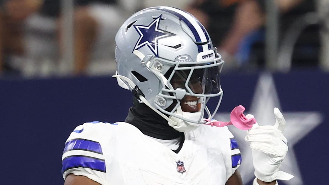 Sep 28, 2025; Arlington, Texas, USA; Dallas Cowboys wide receiver George Pickens (3) celebrates after scoring a touchdown in the fourth quarter against the Green Bay Packers at AT&T Stadium. Mandatory Credit: Kevin Jairaj-Imagn Images