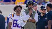 Nov 15, 2025; Baton Rouge, Louisiana, USA;  LSU Tigers interim head coach Frank Wilson III looks on against the Arkansas Razorbacks during the second half at Tiger Stadium. Mandatory Credit: Stephen Lew-Imagn Images