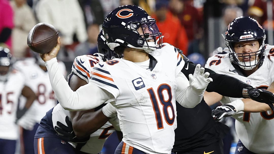 Chicago Bears quarterback Caleb Williams (18) passes the ball against the Washington Commanders.