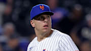 Aug 4, 2025; New York City, New York, USA; New York Mets relief pitcher Ryan Helsley (56) reacts after the top of the tenth inning against the Cleveland Guardians at Citi Field. Mandatory Credit: Brad Penner-Imagn Images