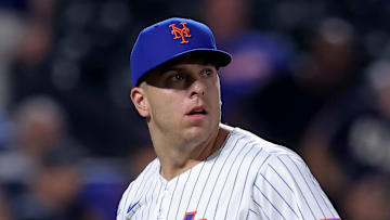 Aug 4, 2025; New York City, New York, USA; New York Mets relief pitcher Ryan Helsley (56) reacts after the top of the tenth inning against the Cleveland Guardians at Citi Field. Mandatory Credit: Brad Penner-Imagn Images