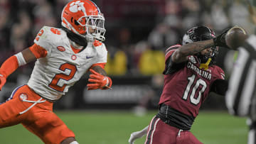 South Carolina football receiver Ahmarean Brown catching a pass against the rival Clemson Tigers