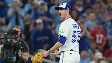 Oct 20, 2025; Toronto, Ontario, CAN; Toronto Blue Jays pitcher Shane Bieber (57) is relieved in the fourth inning against the Seattle Mariners during game seven of the ALCS round for the 2025 MLB playoffs at Rogers Centre. Mandatory Credit: Nick Turchiaro-Imagn Images