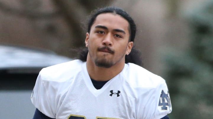 Notre Dame linebacker Kyngstonn Viliamu-Asa (27) at Notre Dame spring football practice Thursday, March 7, 2024, at the Irish Athletics Center in South Bend.