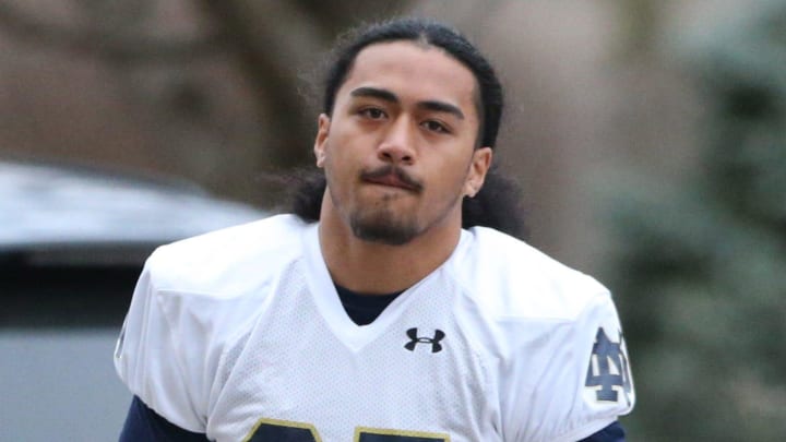 Notre Dame linebacker Kyngstonn Viliamu-Asa (27) at Notre Dame spring football practice Thursday, March 7, 2024, at the Irish Athletics Center in South Bend.