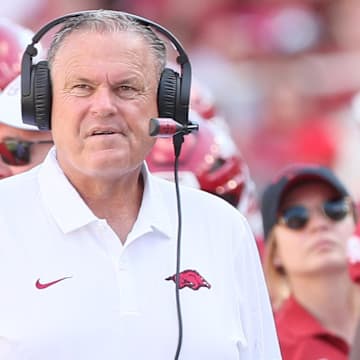 Arkansas Razorbacks coach Sam Pittman during the second quarter against the UAB Blazers at Razorback Stadium.