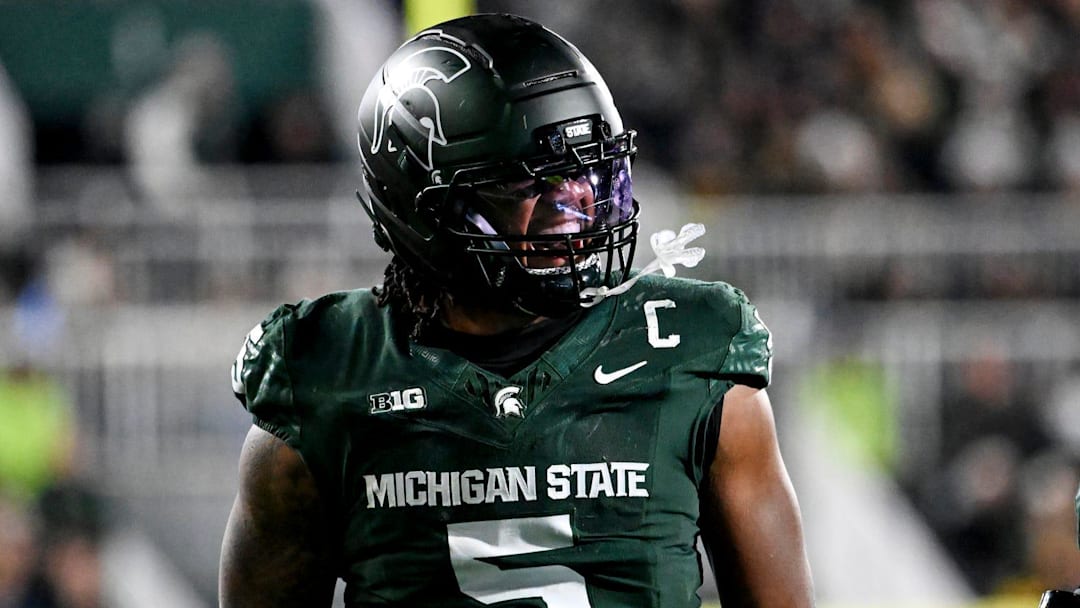 Michigan State's Jordan Hall celebrates after a stop against Michigan during the second quarter on Saturday, Oct. 25, 2025, at Spartan Stadium in East Lansing.