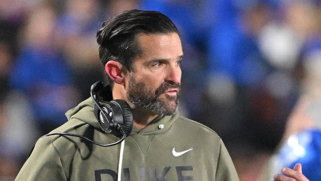 Nov 15, 2025; Durham, North Carolina, USA;  Duke Blue Devils head coach Manny Diaz reacts during the third quarter against the Virginia Cavaliers at Wallace Wade Stadium. Mandatory Credit: Zachary Taft-Imagn Images