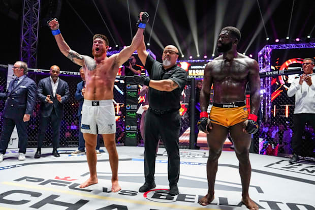 Johnny Eblen celebrates after fighting Impa Kasanganay during the 2024 PFL vs Bellator: Champs event at Kingdom Arena.