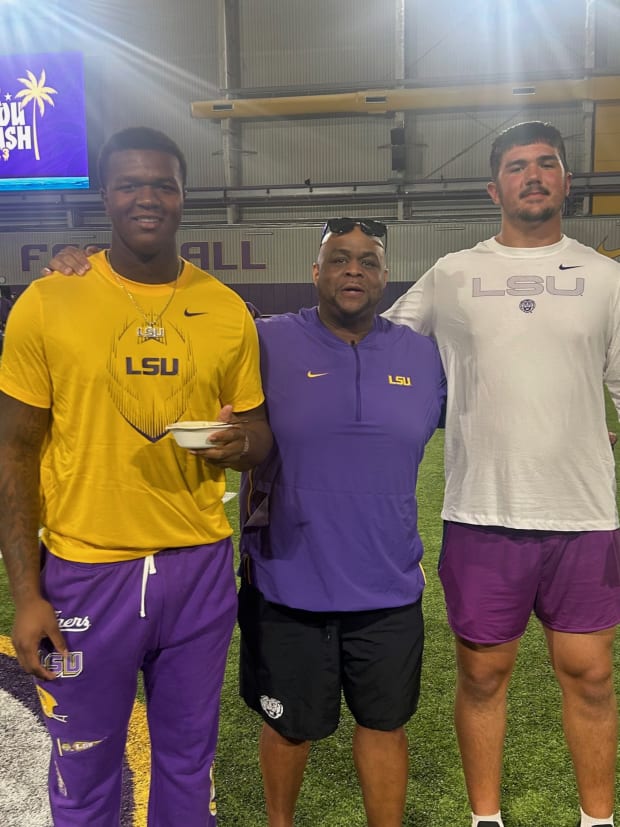 LSU Football targets Jahkeen Stewart and Jackson Cantwell on their unofficial visit to LSU alongside LSU OL coach Brad Davis.