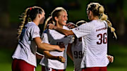 Arkansas soccer players celebrate a goal scored in an exhibition match.