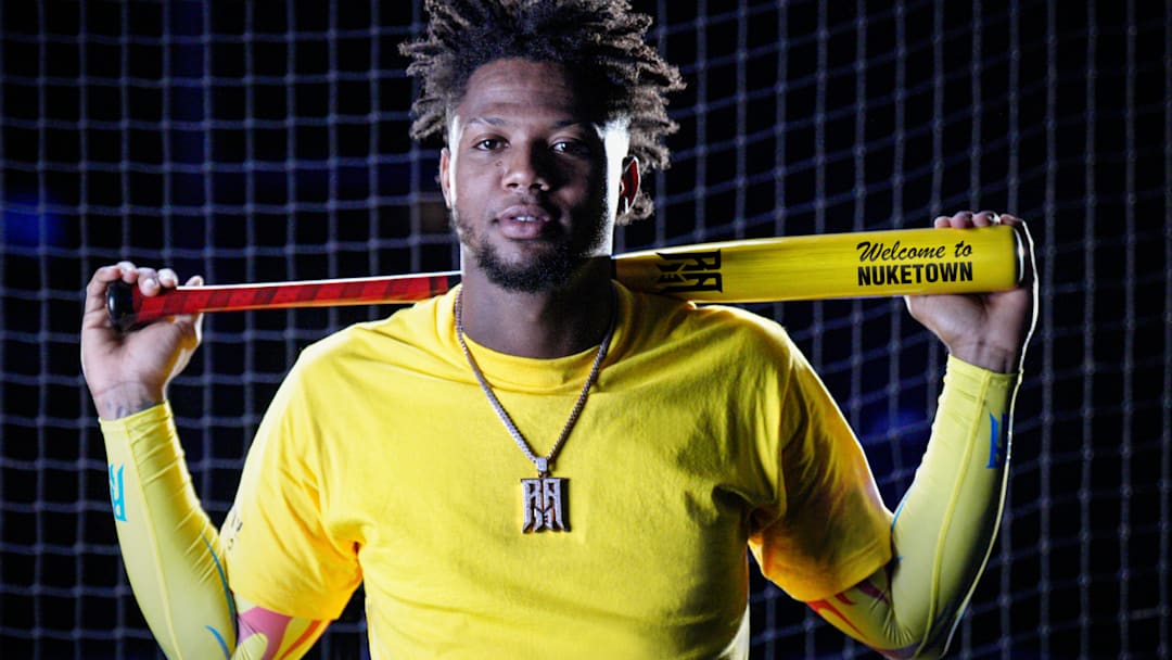Ronald Acuña Jr. of the Atlanta Braves poses with his La Bestia bat, now available in Call of Duty: Mobile