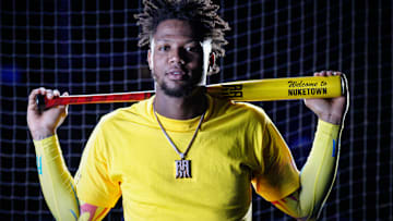 Ronald Acuña Jr. of the Atlanta Braves poses with his La Bestia bat, now available in Call of Duty: Mobile