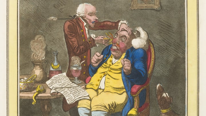 Caricature by James Gillray of Perkins Tractors being administered to a patient.