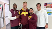 Gophers DL coach Dennis Dottin-Carter (furthest left) with Howie Johnson (second from left), new DC Danny Collins (second from right) and new LBs coach and Mariano Sori-Marin (furthest right).