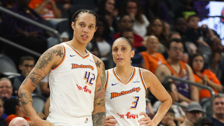 Phoenix Mercury center Brittney Griner (42) and Phoenix Mercury guard Diana Taurasi (3) wait to check in to the game on Sept. 5, 2024 at Footprint Center in Phoenix.