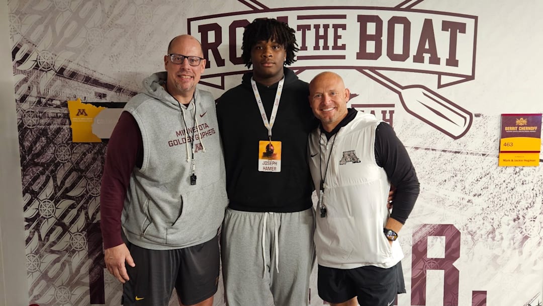 Lakeville South OL Joseph Hamer with Gophers OL coach Brian Callahan (left) and P.J. Fleck (right). 