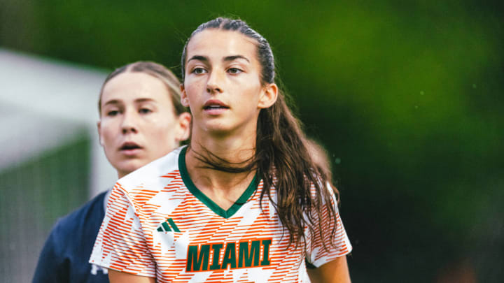 Moira Flynn (17) being guarded during the first half of the season opener for the Miami Hurricanes against North Florida