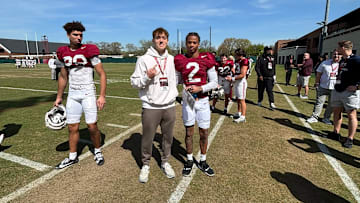 2026 QB prospect Anthony Coellner poses alongside Alabama wideouts Ryan Williams (2) and Derek Meadows (30)