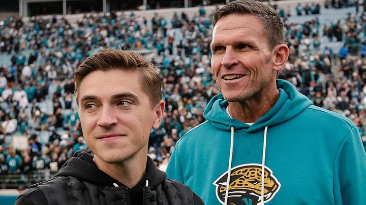 Jan 4, 2026; Jacksonville, Florida, USA; Jacksonville Jaguars executive vice president of football operations Tony Boselli and general manager James Gladstone look on after the game against the Tennessee Titans at EverBank Stadium. 