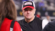 Texas Tech head coach Joey McGuire talks to attendees before the Big 12 Championship football game, Saturday, Dec. 6, 2025, in AT&T Stadium in Arlington.