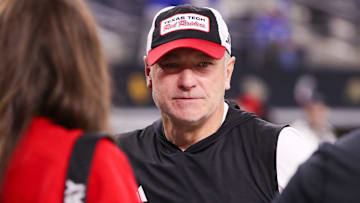 Texas Tech head coach Joey McGuire talks to attendees before the Big 12 Championship football game, Saturday, Dec. 6, 2025, in AT&T Stadium in Arlington.