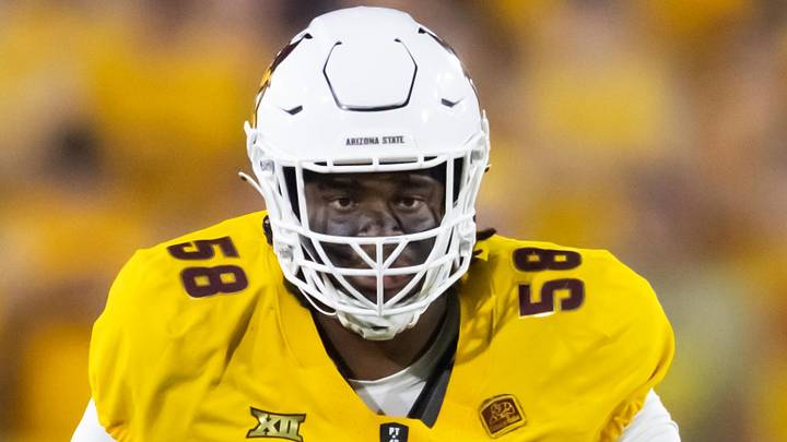 Sep 7, 2024; Tempe, Arizona, USA; Arizona State Sun Devils offensive lineman Max Iheanachor (58) against the Mississippi State Bulldogs at Mountain America Stadium. Mandatory Credit: Mark J. Rebilas-Imagn Images