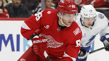 Oct 17, 2025; Detroit, Michigan, USA; Detroit Red Wings right wing Patrick Kane (88) handles the puck during the first period against the Tampa Bay Lightning at Little Caesars Arena. Mandatory Credit: Brian Bradshaw Sevald-Imagn Images