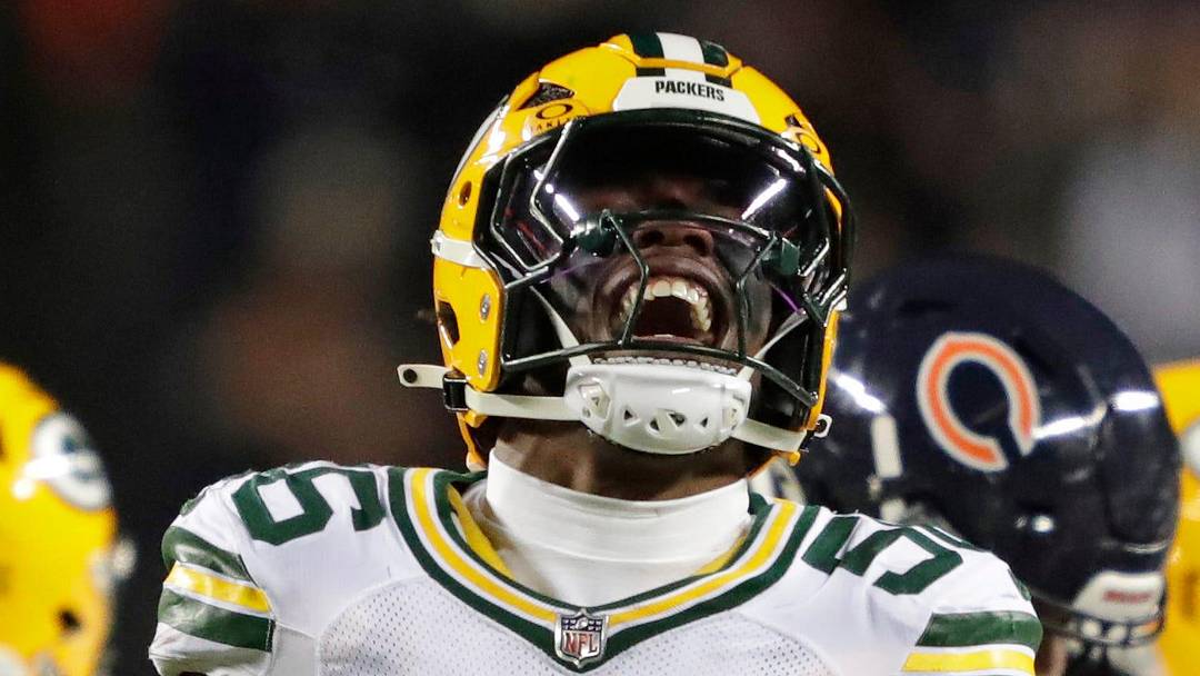 Green Bay Packers linebacker Edgerrin Cooper (56) celebrates a tackle in the playoff game against the Bears.