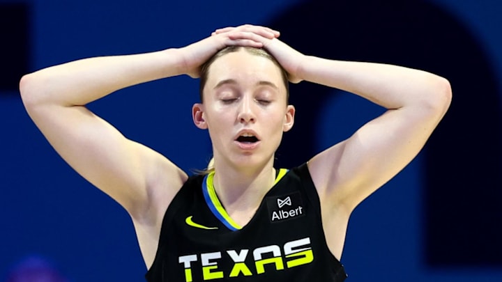 Aug 24, 2025; Arlington, Texas, USA; Dallas Wings guard Paige Bueckers (5) reacts during the second half against the Golden State Valkyries at College Park Center. Mandatory Credit: Kevin Jairaj-Imagn Images Aug 24, 2025; Arlington, Texas, USA; Dallas Wings guard Paige Bueckers (5) reacts during the second half against the Golden State Valkyries at College Park Center. Mandatory Credit: Kevin Jairaj-Imagn Images