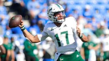 Nov 4, 2023; Memphis, Tennessee, USA;  South Florida s Byrum Brown (17) throws the ball against the Memphis Tigers at Simmons Bank Liberty Stadium. Mandatory Credit: Stu Boyd II-USA TODAY Sports