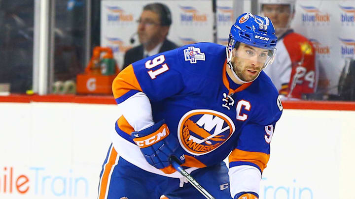 Apr 24, 2016; Brooklyn, NY, USA; New York Islanders center John Tavares (91) skates against the Florida Panthers during the second period in game six of the first round of the 2016 Stanley Cup Playoffs at Barclays Center. The Islanders defeated the Panthers 2-1 to win the series four games to two. Mandatory Credit: Andy Marlin-Imagn Images