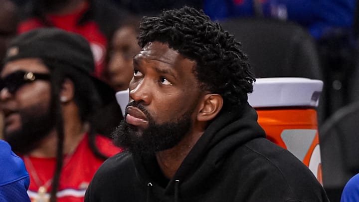 Mar 7, 2026; Atlanta, Georgia, USA; Philadelphia 76ers center/forward Joel Embiid (21) shown on the bench during the game against the Atlanta Hawks during the first half at State Farm Arena. Mandatory Credit: Dale Zanine-Imagn Images