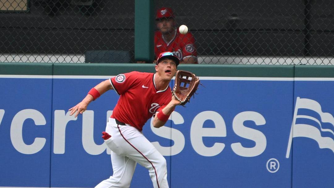 Jul 6, 2025; Washington, District of Columbia, USA; Washington Nationals right fielder Alex Call (17) catches a fly ball against the Boston Red Sox during the third inning at Nationals Park.